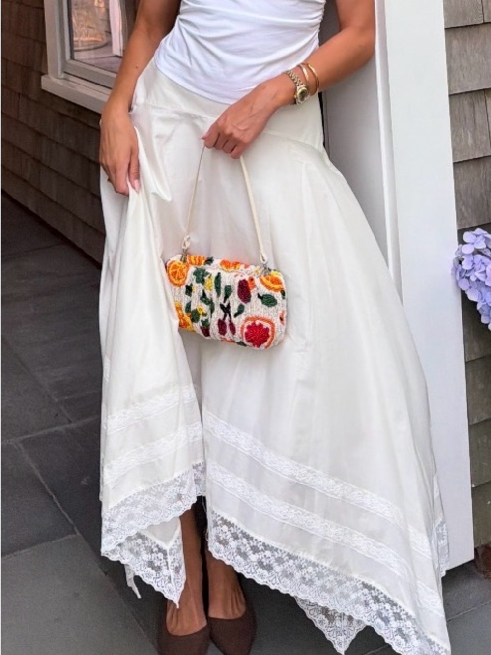 NWT STAUD Ainsley Light Cream Midi Hankerchief Hem Skirt with Lace Trim Sz 0 - Picture 3 of 9